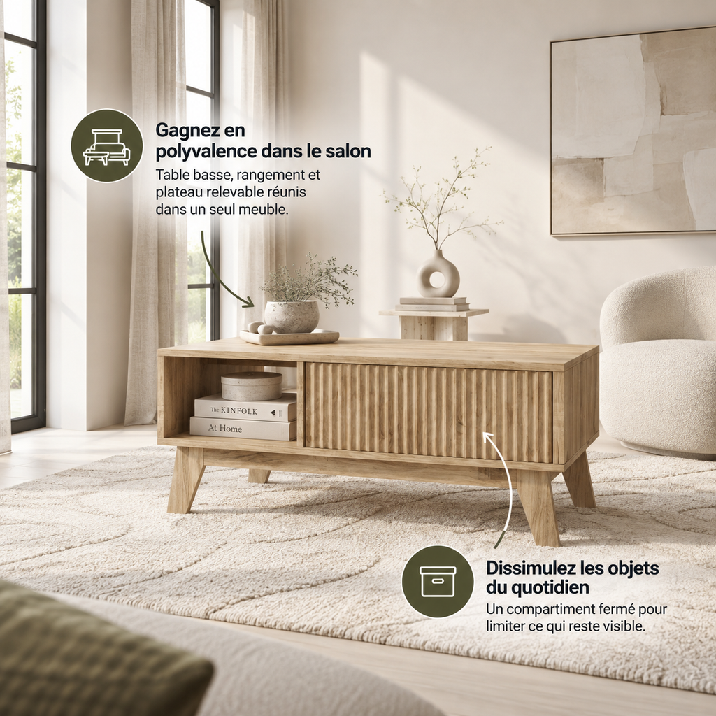 Table basse Sivren en bois naturel dans un salon contemporain lumineux