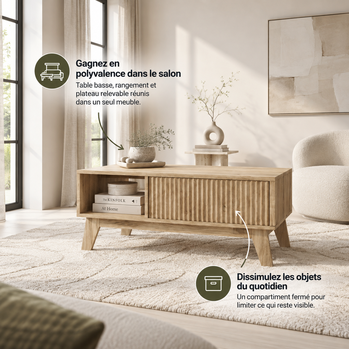 Table basse Sivren en bois naturel dans un salon contemporain lumineux