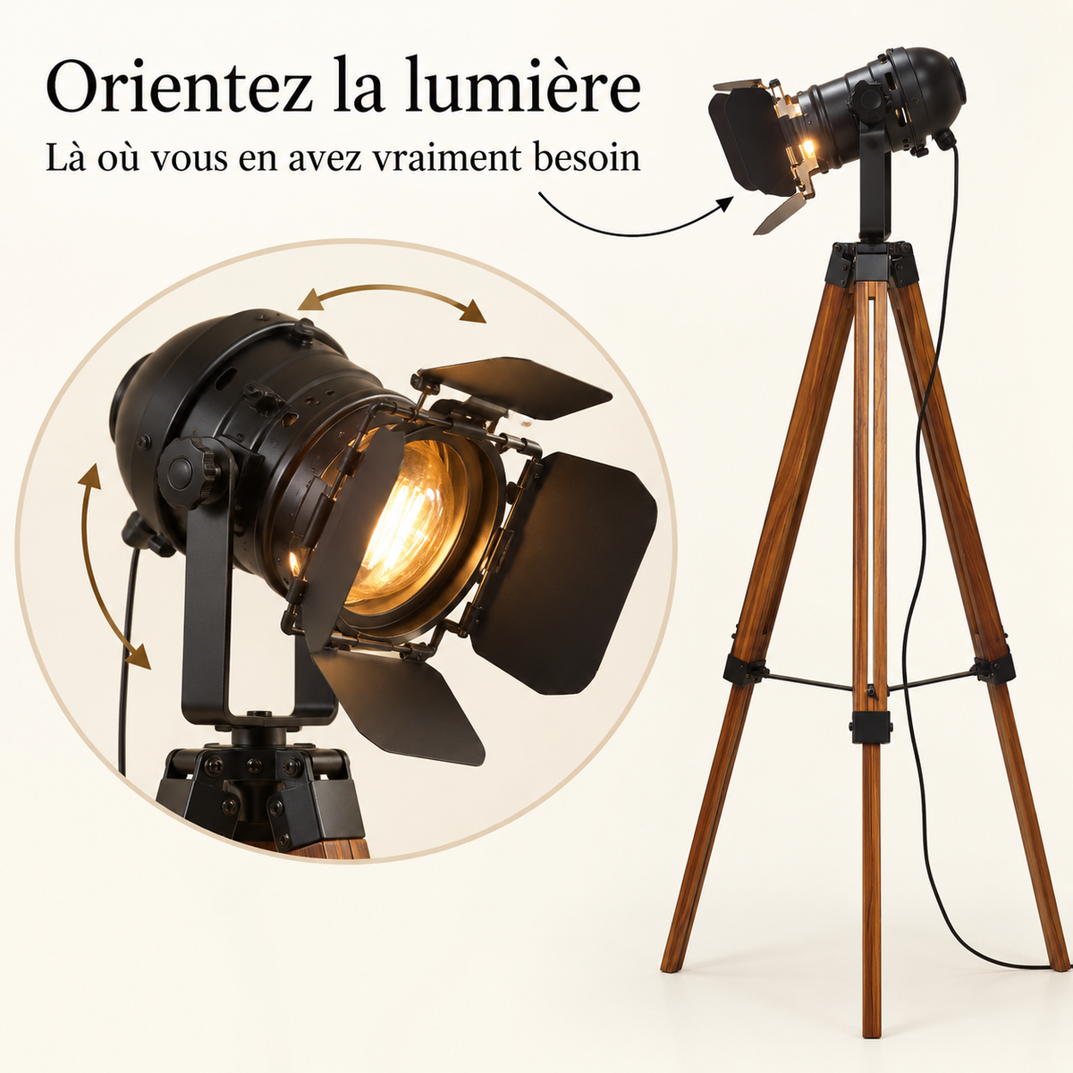 Projecteur orientable du lampadaire vintage Rovik en métal noir