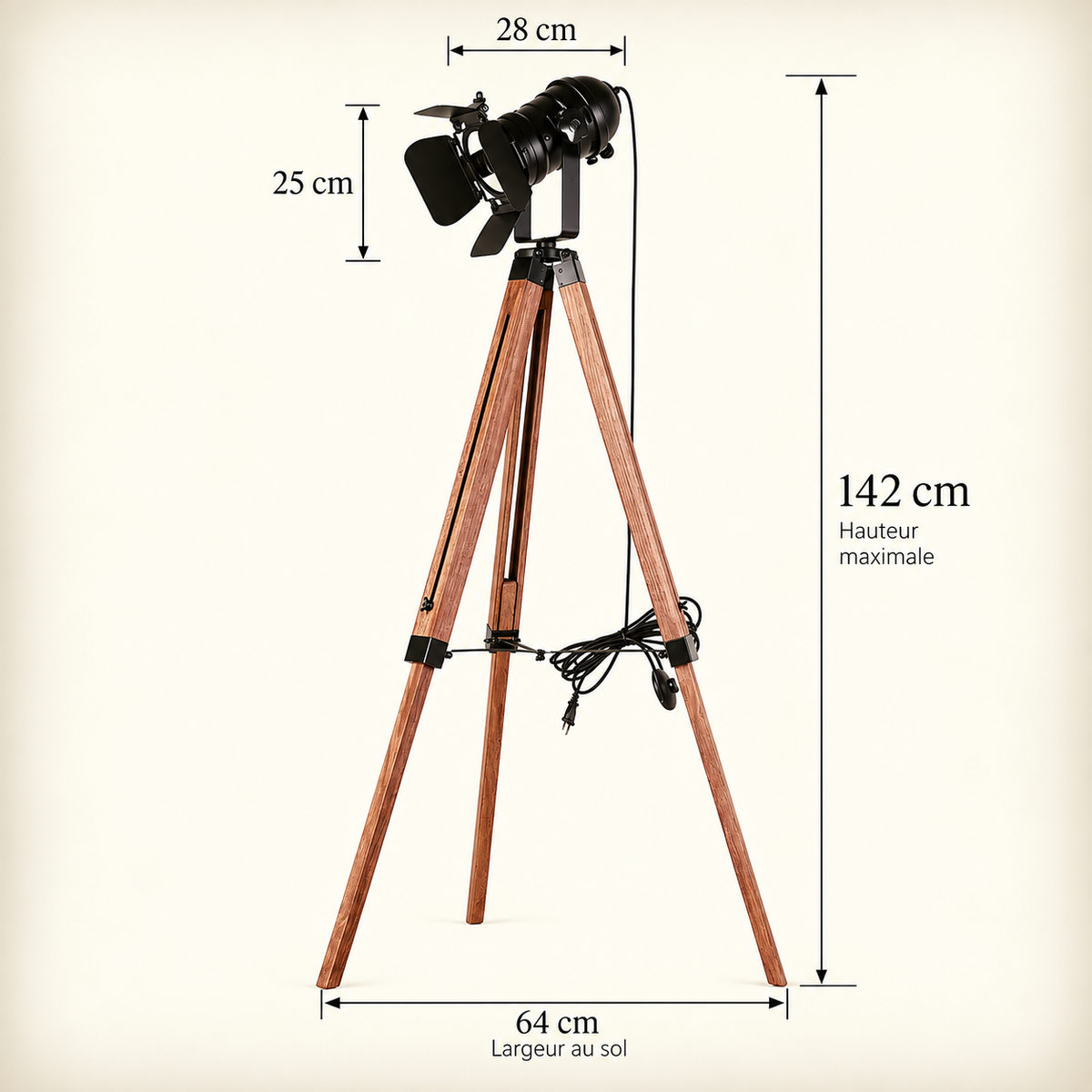 Projecteur orientable du lampadaire vintage Rovik en métal noir dimensions