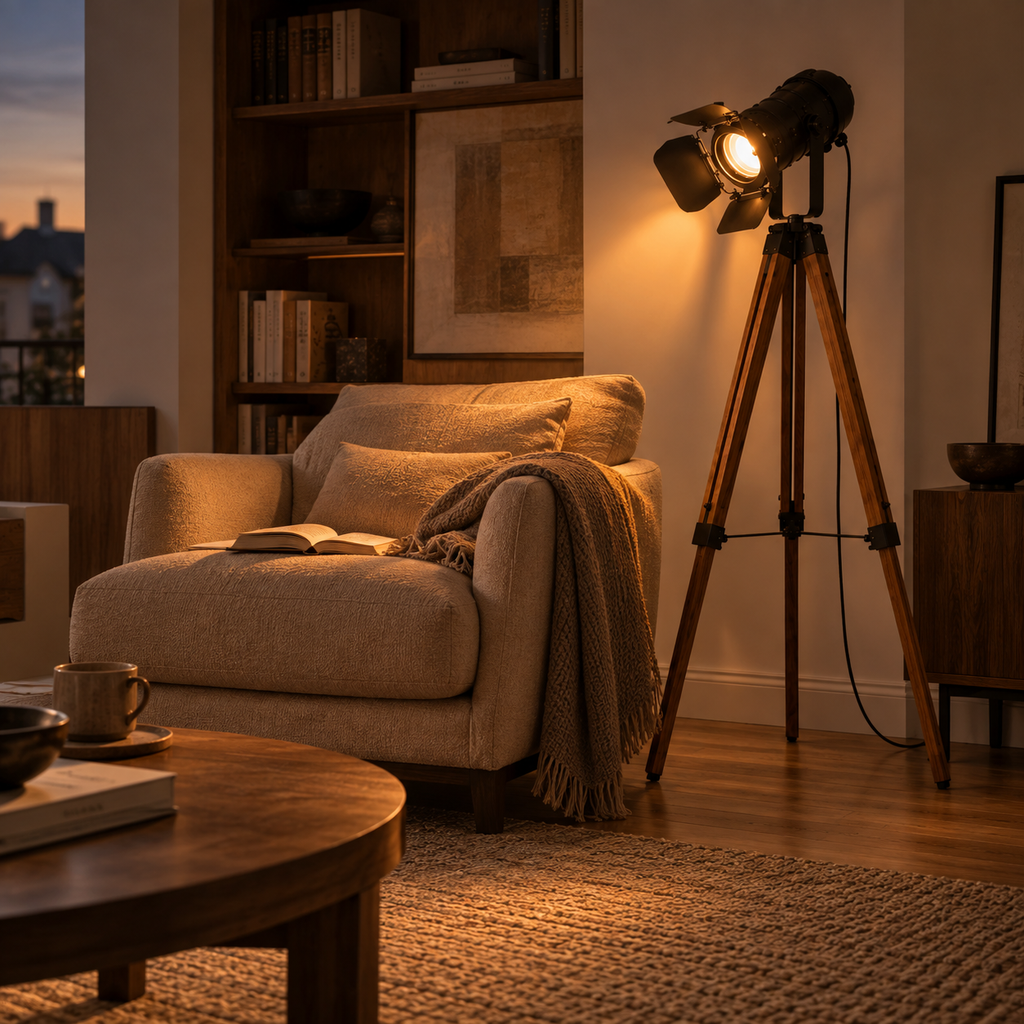 Lampadaire projecteur Rovik en bois et métal dans un bureau coin lecture