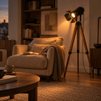 Lampadaire projecteur Rovik en bois et métal dans un bureau coin lecture