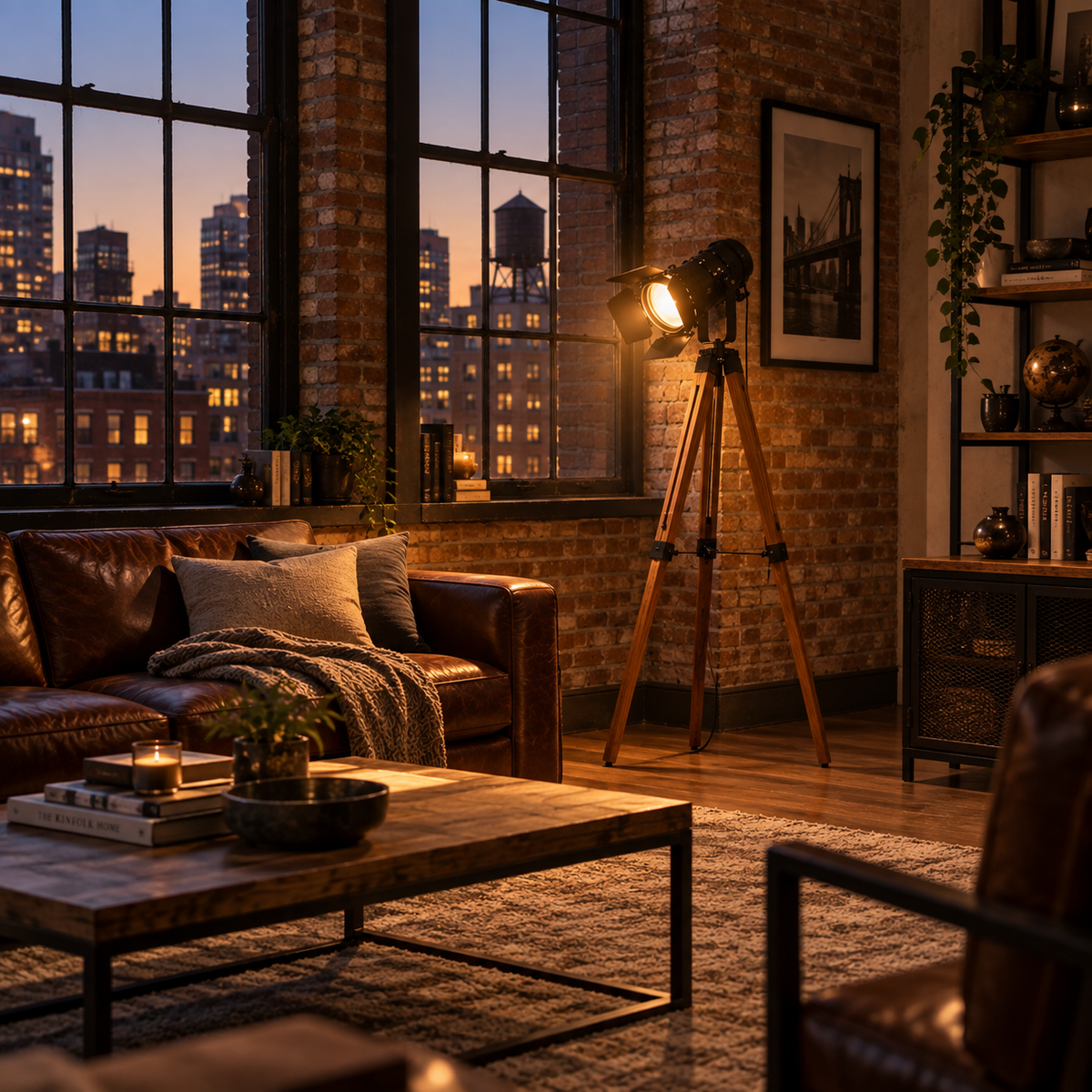 Coin salon transformé avec le lampadaire projecteur vintage Rovik