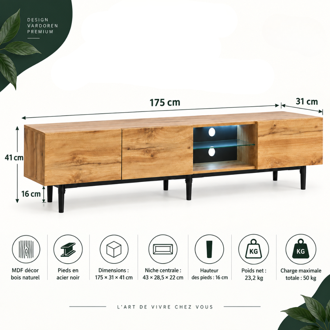Meuble TV Kael 175 cm bois – LED 7 couleurs & rangement
