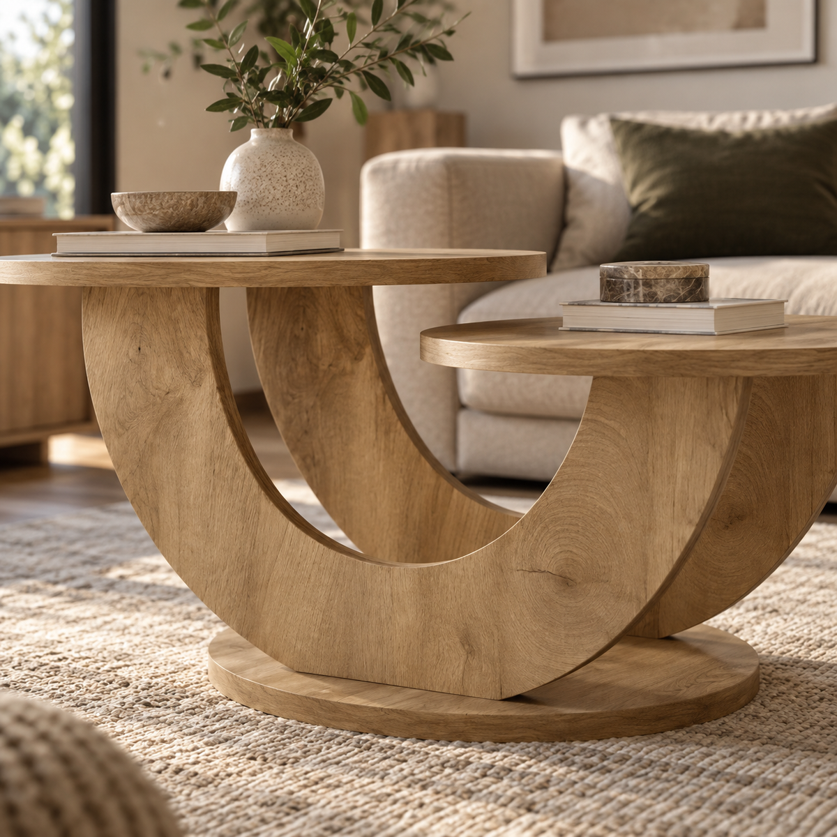 Table basse Elvane installée dans un salon moderne avec deux plateaux ronds à différentes hauteurs