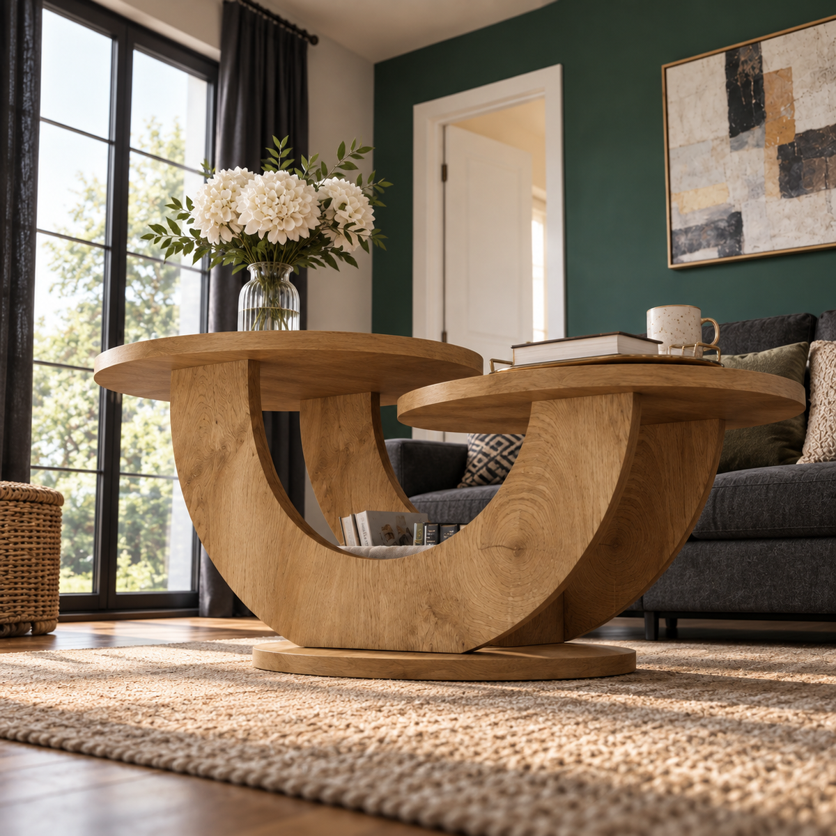 Table basse Elvane avec structure sculpturale incurvée en U 