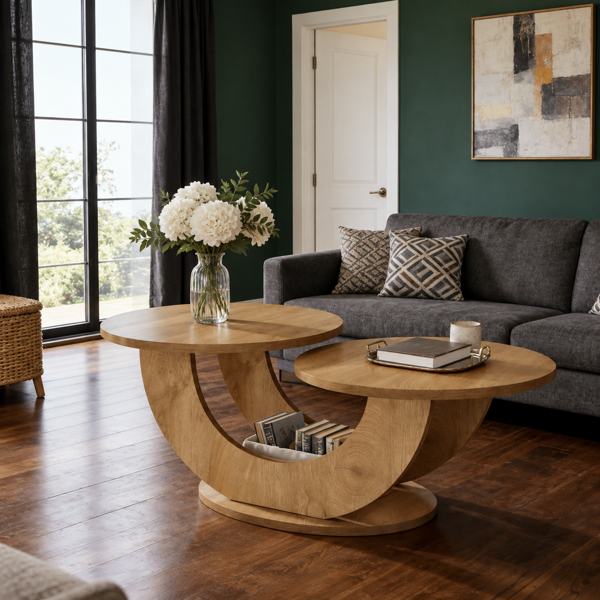 Table basse Elvane avec structure sculpturale incurvée en U et finition effet bois naturel