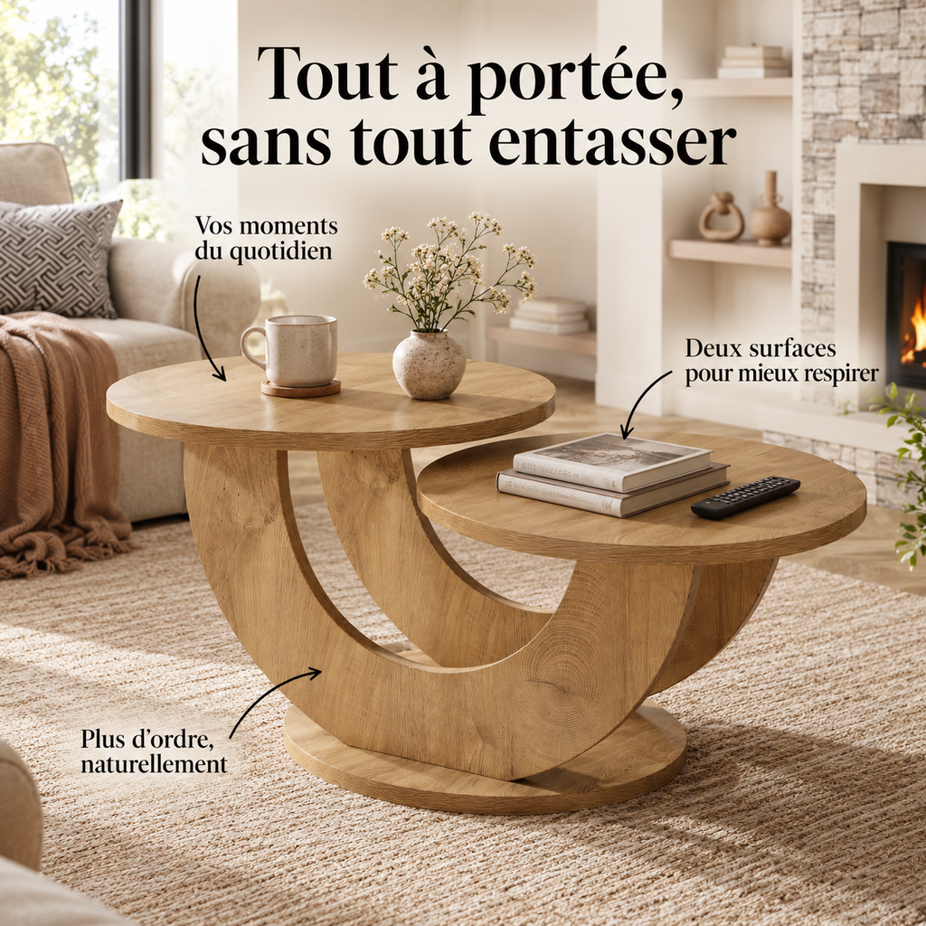 Deux plateaux ronds décalés de la table basse Elvane offrant deux surfaces pour le quotidien