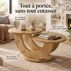 Deux plateaux ronds décalés de la table basse Elvane offrant deux surfaces pour le quotidien