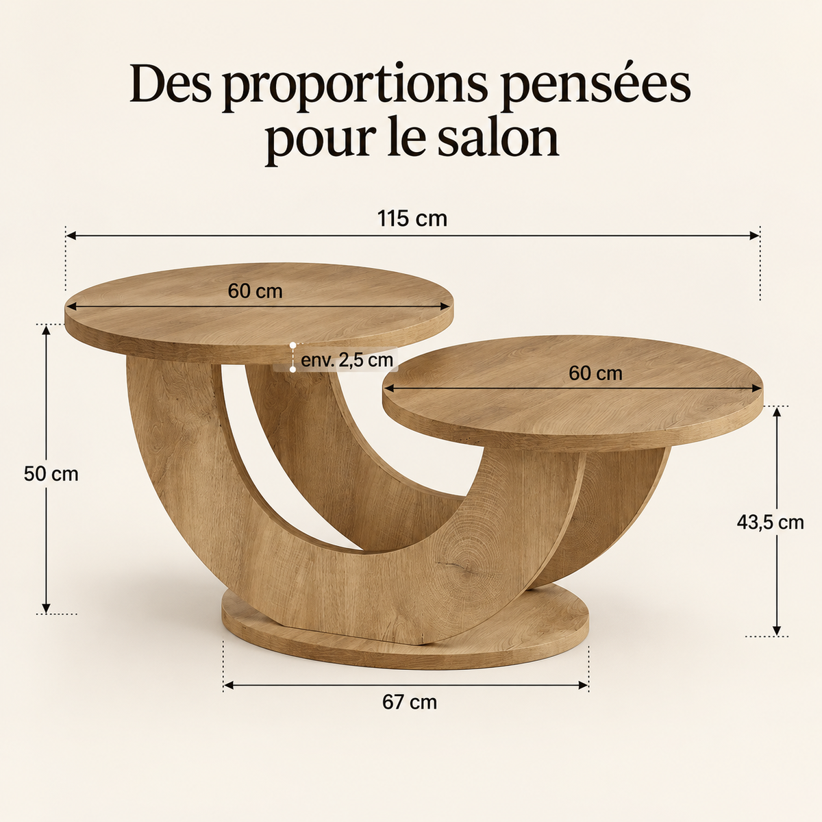 Dimensions de la table basse Elvane avec largeur totale de 115 cm et deux plateaux de 60 cm
