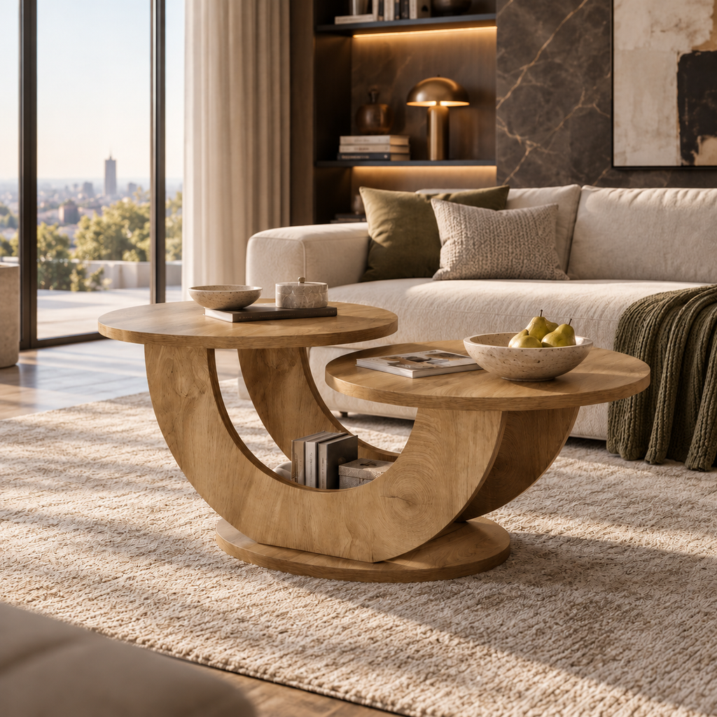 Table basse Elvane à double plateau rond décalé en MDF finition effet bois naturel