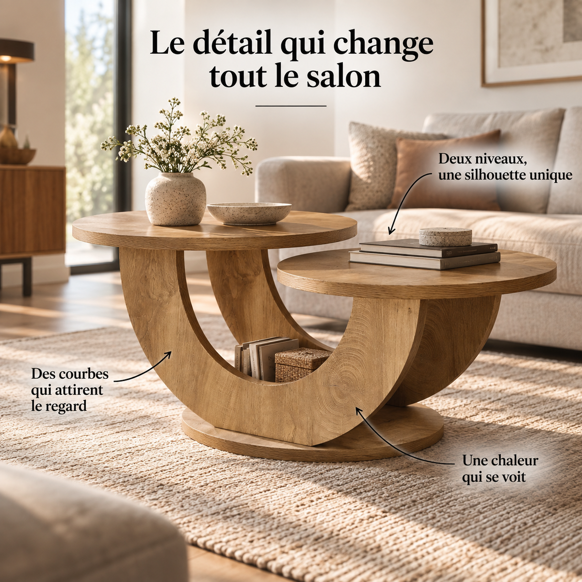 Table basse Elvane avec espace ouvert entre les supports incurvés pour livres et objets du quotidien