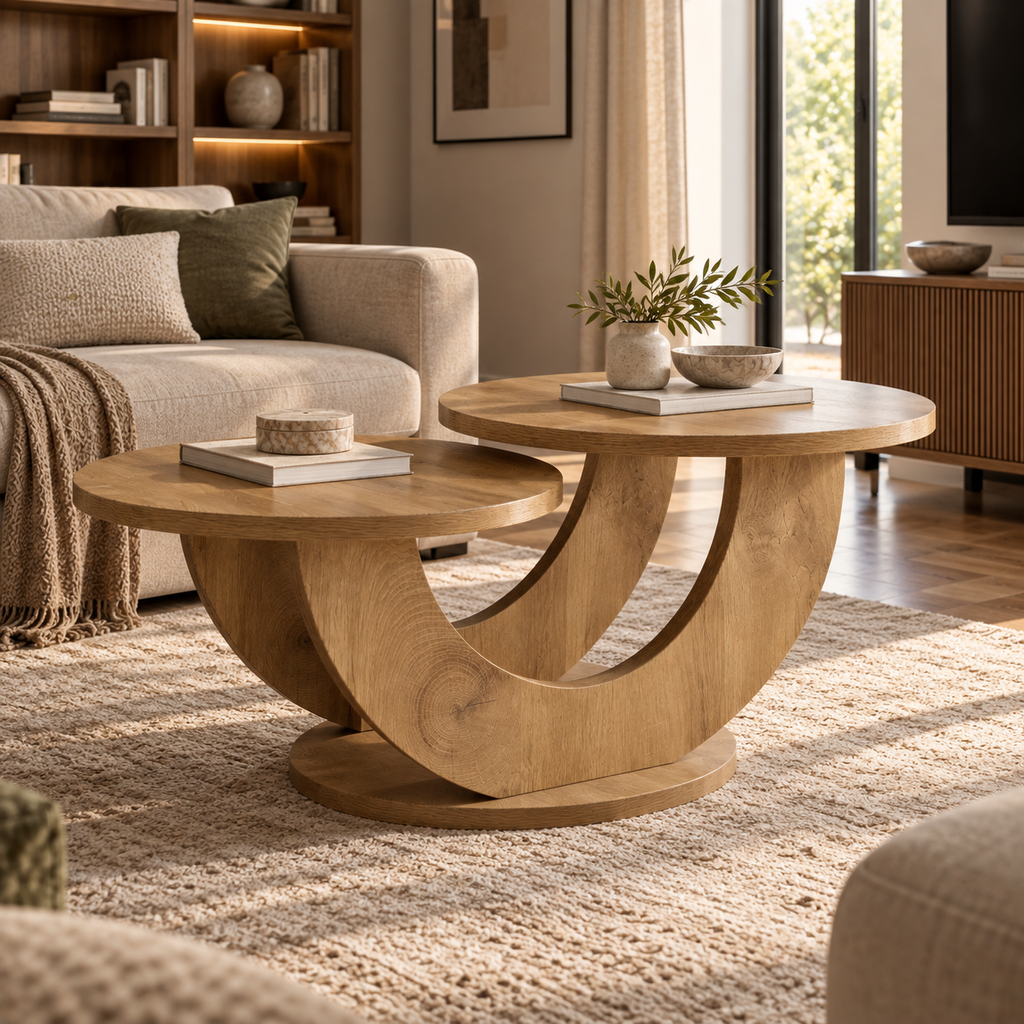 Table basse Elvane en MDF finition effet bois naturel dans un intérieur chaleureux