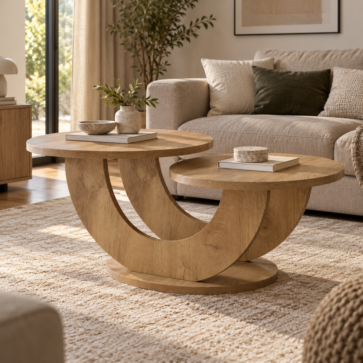 Table basse Elvane en MDF finition effet bois naturel dans un intérieur chaleureux et contemporain