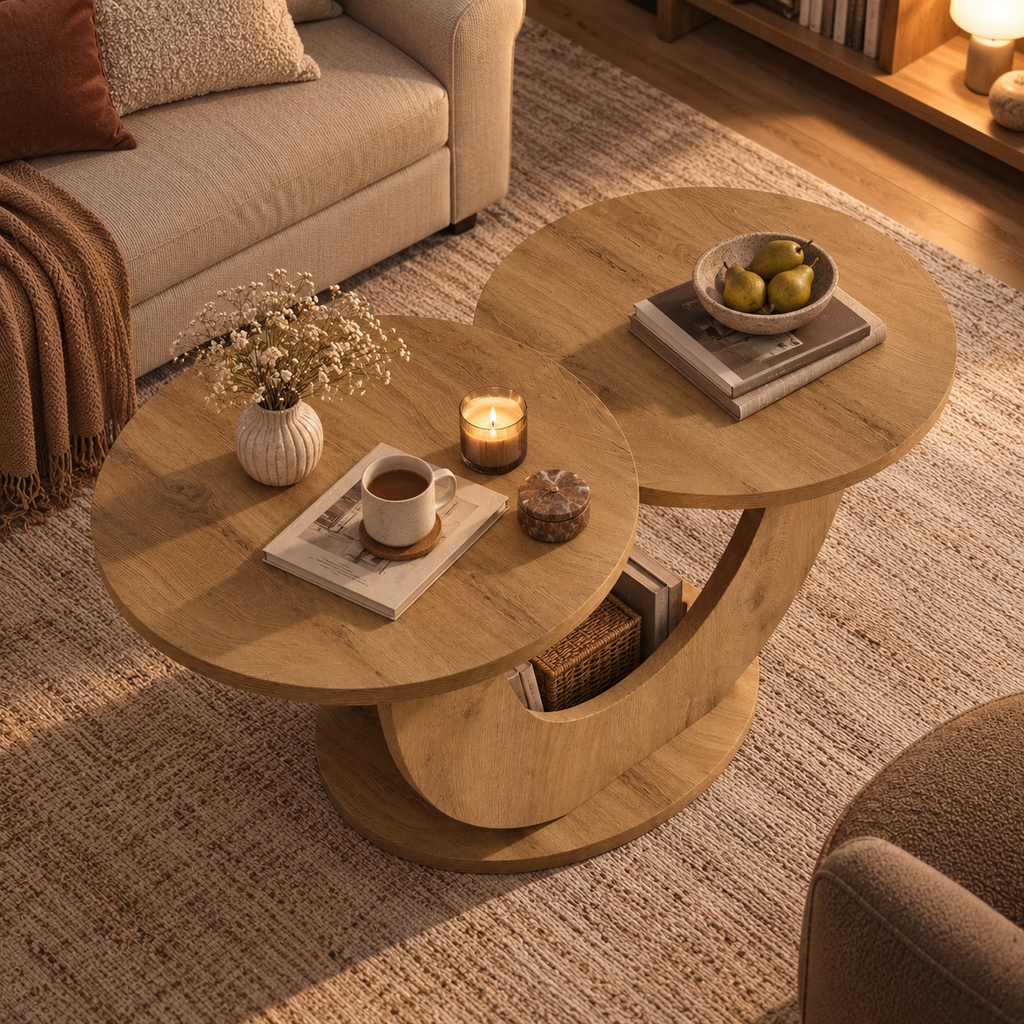 Structure incurvée en U de la table basse Elvane fabriquée en MDF avec finition effet bois