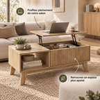 Détail du mécanisme métallique relevable de la table basse Sivren