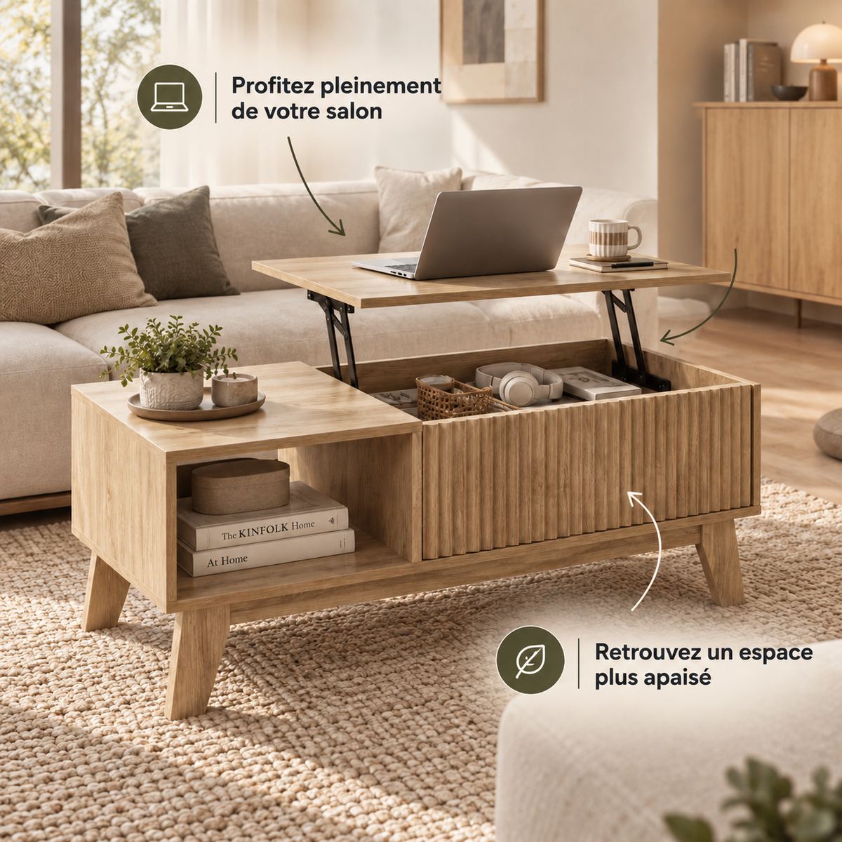 Détail du mécanisme métallique relevable de la table basse Sivren