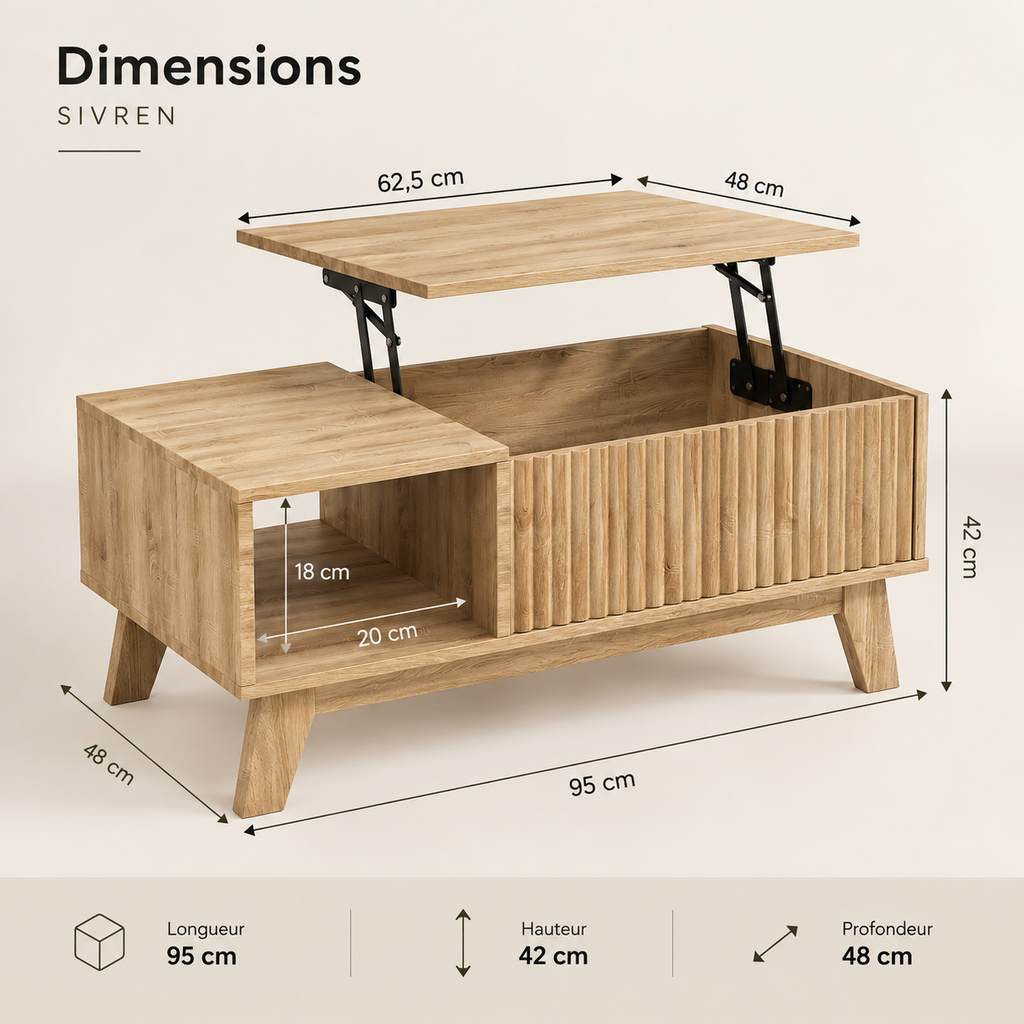 Infographie des dimensions de la table basse relevable Sivren 95 cm