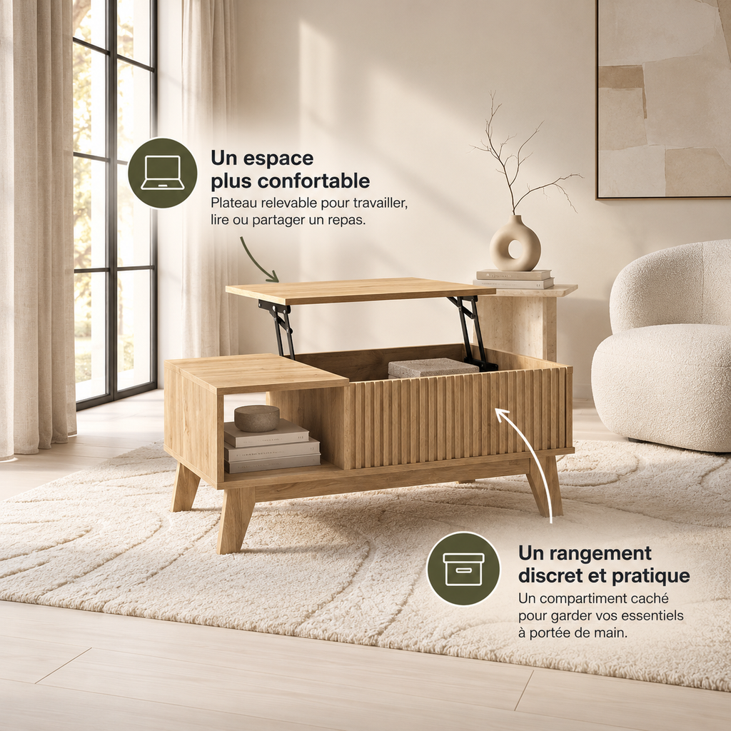 Table basse relevable Sivren 95 cm – Rangement caché
