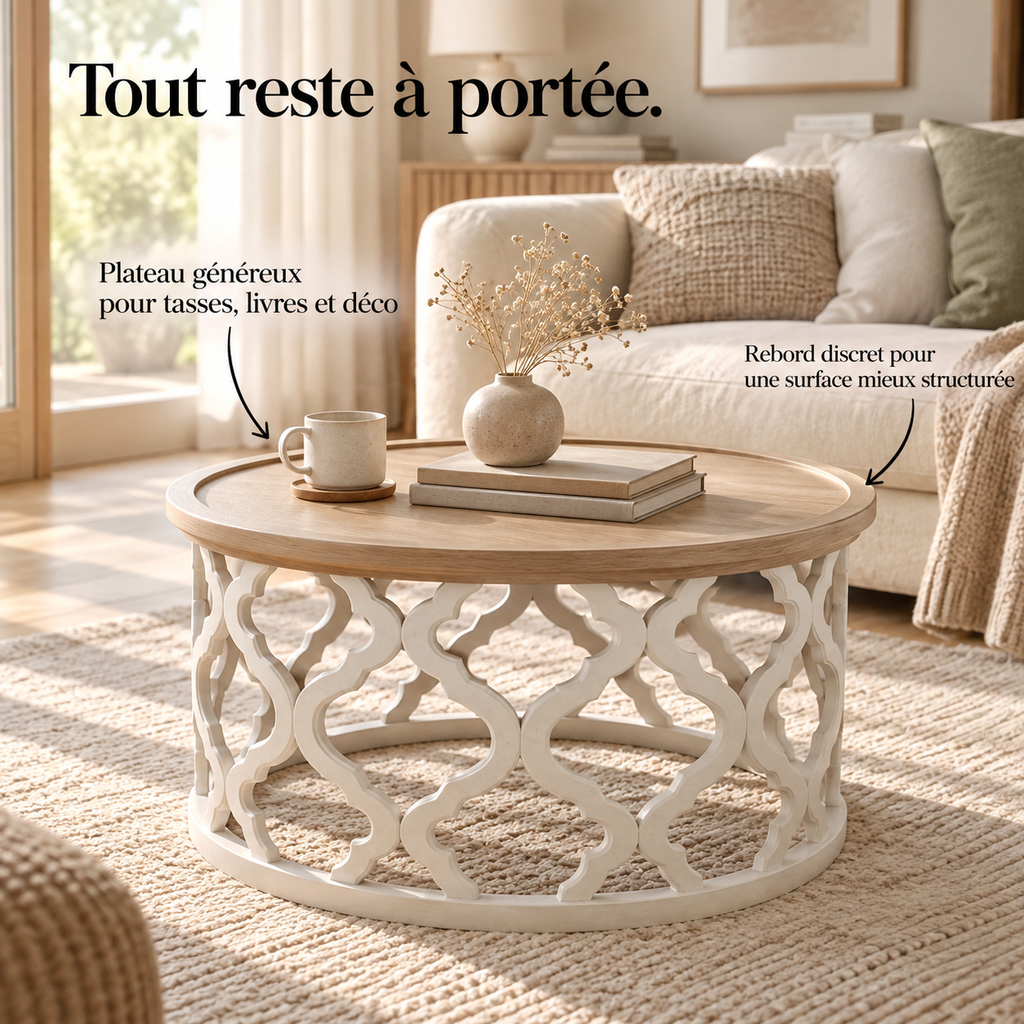 Table basse ronde Sivra intégrée dans un salon lumineux avec canapé crème et tapis clair.