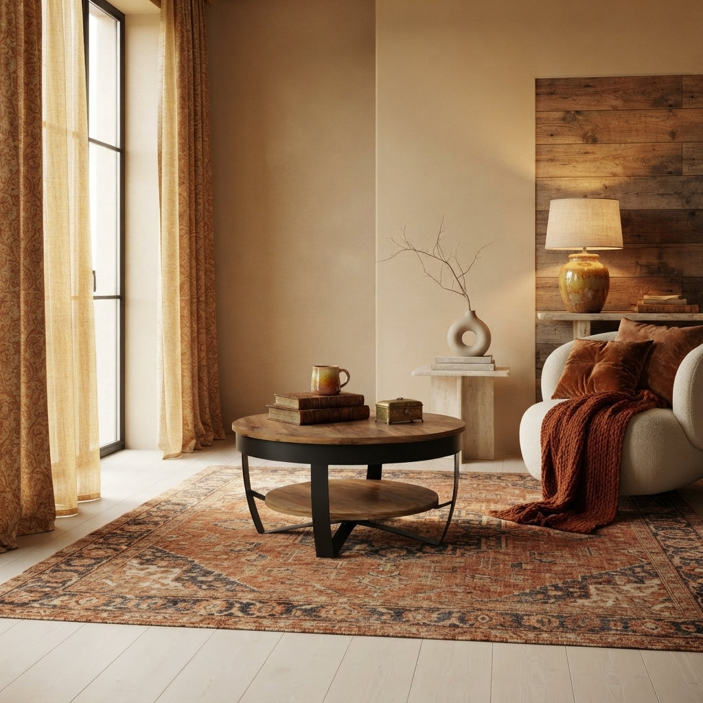 Table basse ronde Torven en acacia massif dans un salon chaleureux