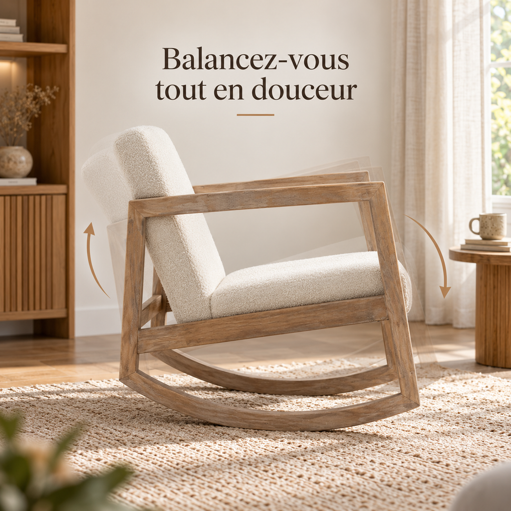 Mouvement de bascule du fauteuil Svelin sur patins incurvés en bois