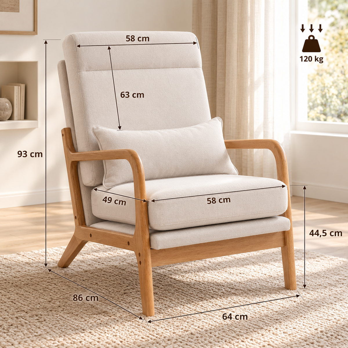 Dimensions du fauteuil Elyna crème 64 x 86 x 93 cm