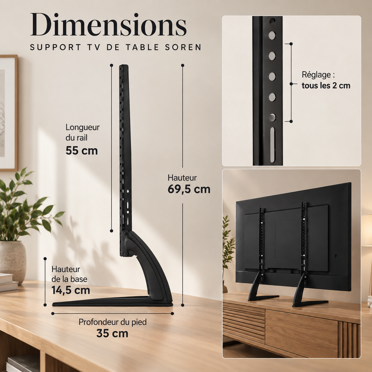 Dimensions du support TV de table Toren avec pieds de 35 cm et rails de 55 cm