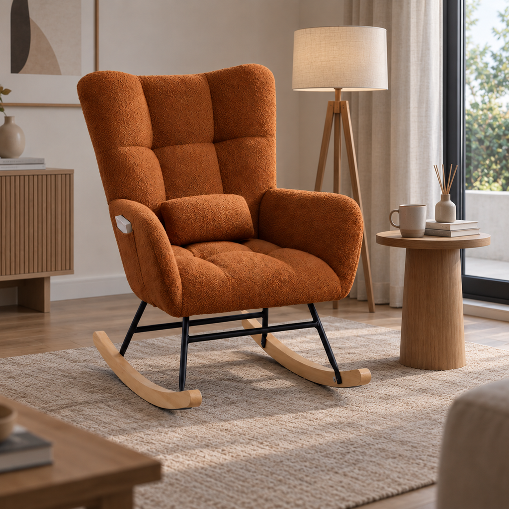 Fauteuil à bascule Maelis brun intégré dans un salon contemporain chaleureux
