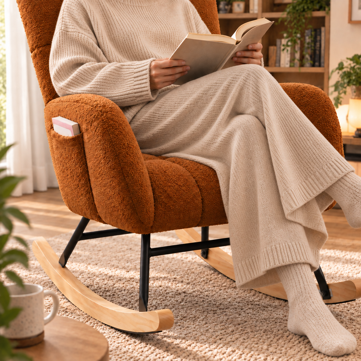 Fauteuil à bascule Maelis en tissu teddy brun dans un salon et lecture