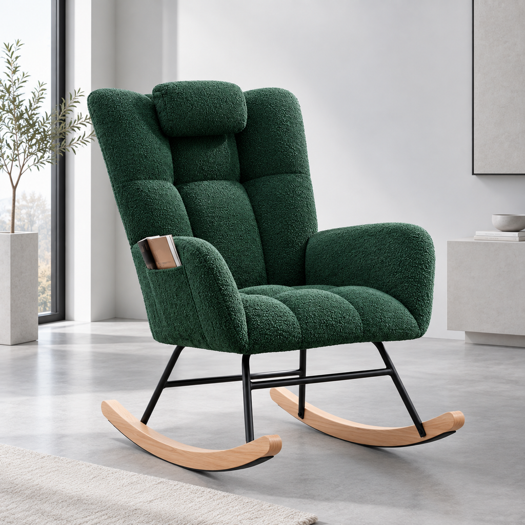 Fauteuil à bascule Maelis en tissu teddy vert