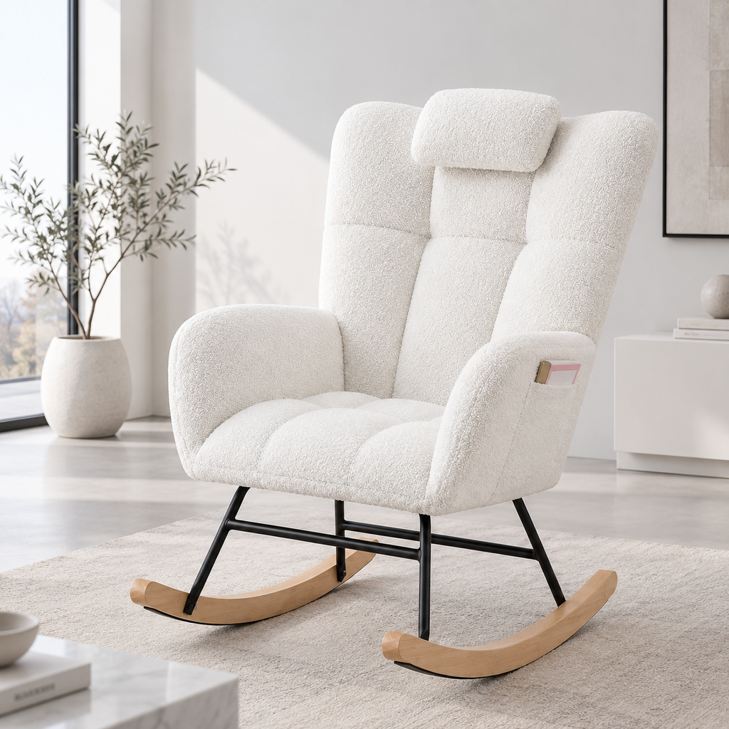 Fauteuil à bascule Maelis en tissu teddy blanc