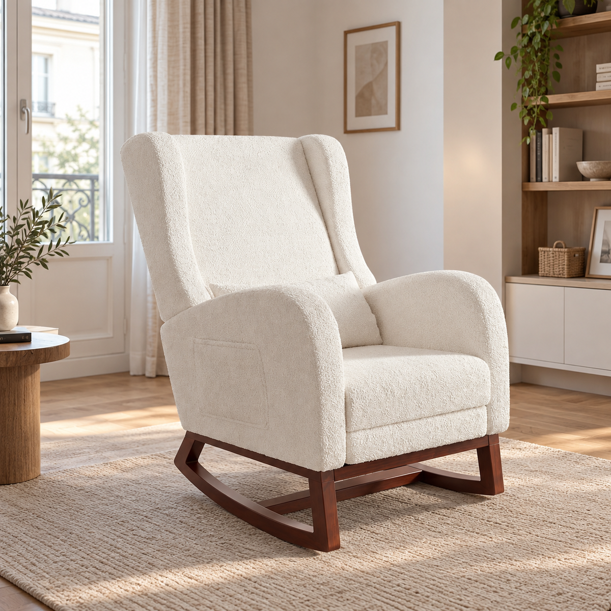 Fauteuil à bascule Avelin blanc installé dans un salon chaleureux