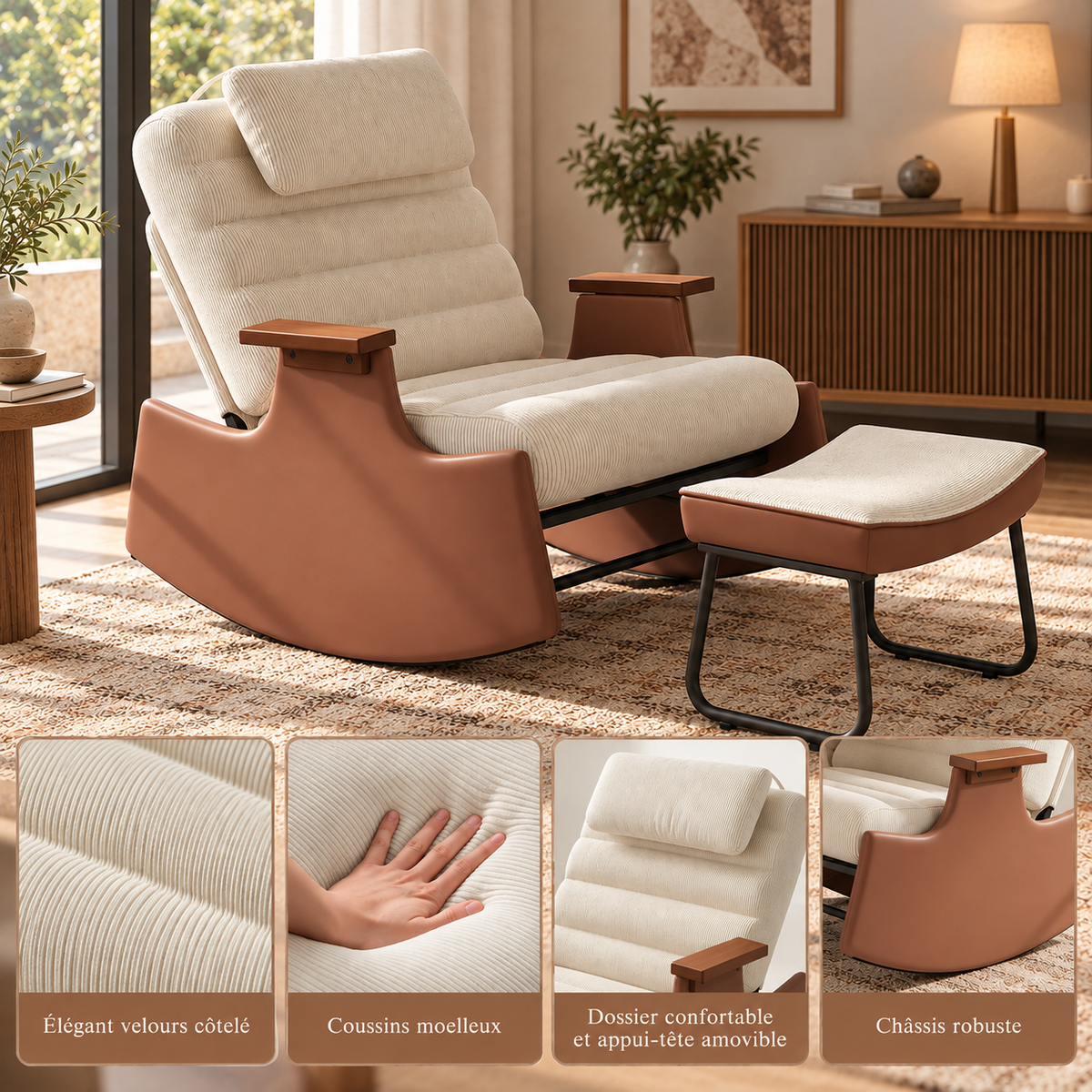 détails fauteuil à bascule beige avec repose-pieds