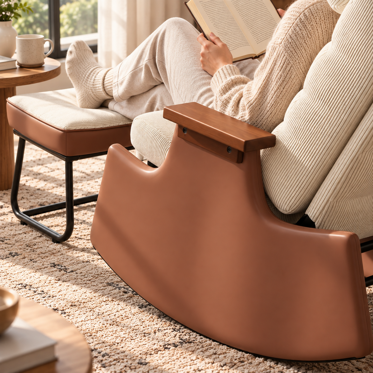 Personne lisant dans un fauteuil à bascule beige avec repose-pieds