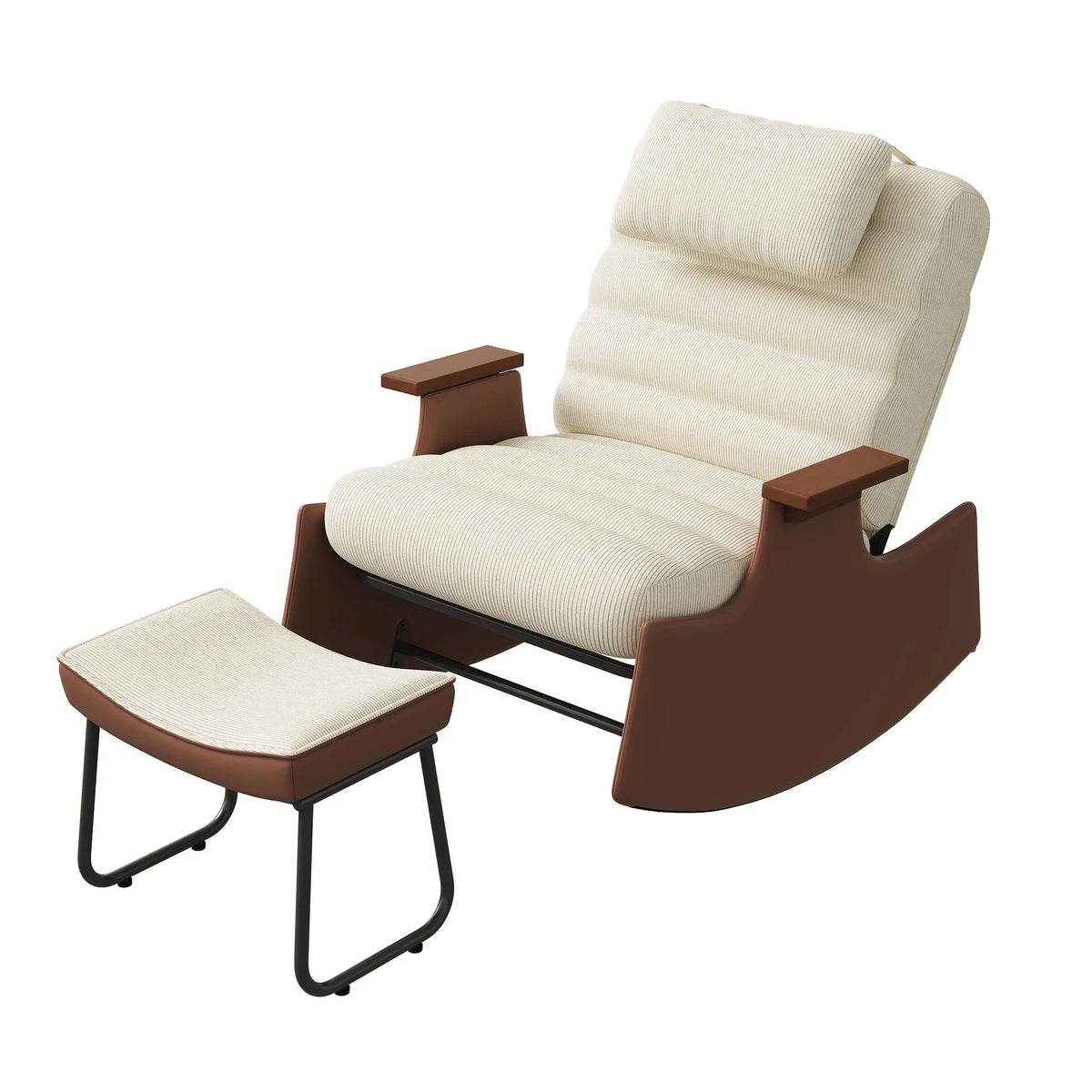 Fauteuil à bascule beige en velours côtelé avec repose-pieds assorti