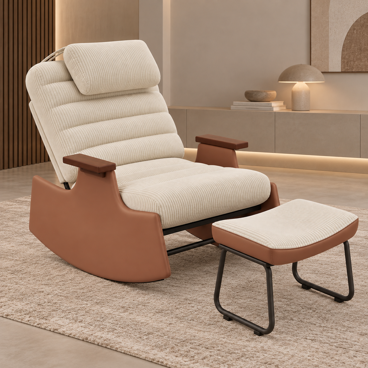 Fauteuil à bascule beige avec repose-pieds dans un salon 