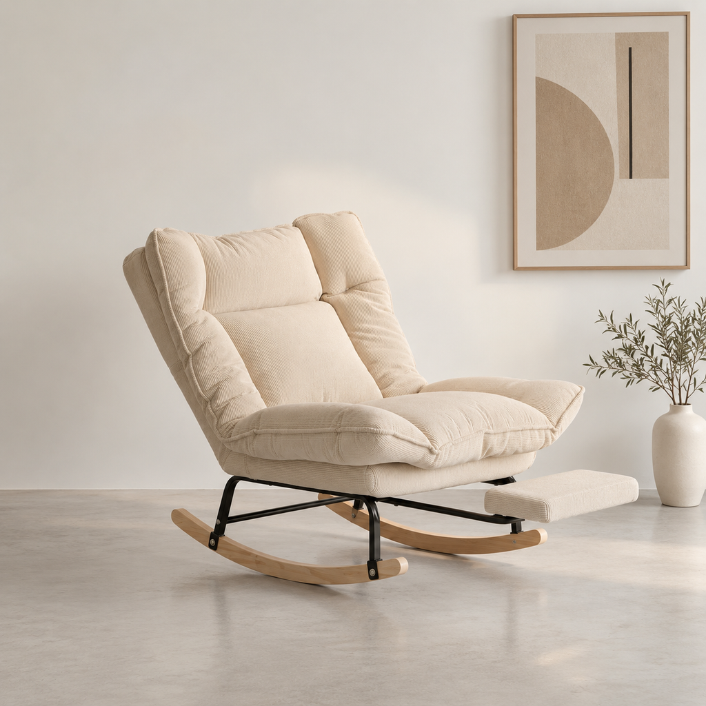 Fauteuil à bascule Neryn beige en velours côtelé salon moderne
