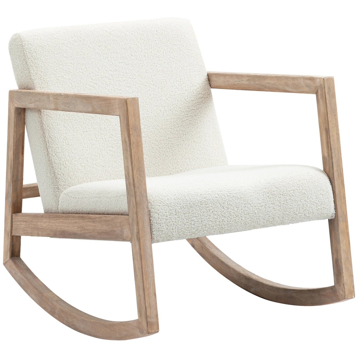 Fauteuil à bascule Svelin blanc crème en tissu bouclé et bois d’hévéa
