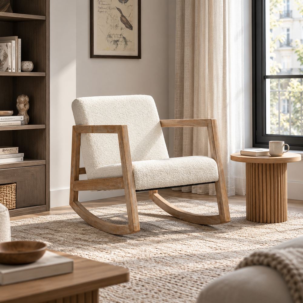 Fauteuil à bascule Svelin blanc crème installé dans un salon chaleureux