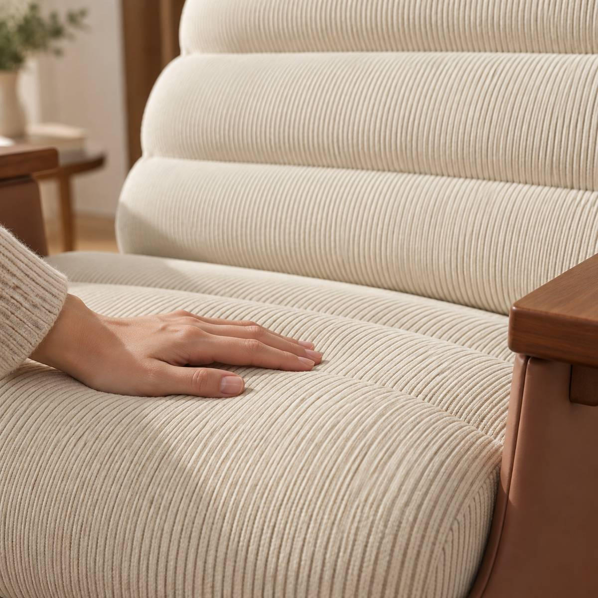 Gros plan du velours côtelé beige du fauteuil à bascule