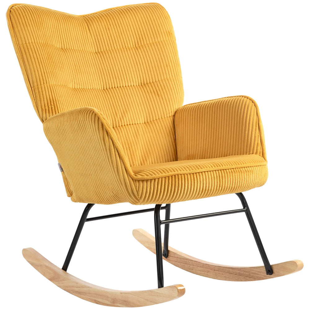 Fauteuil à bascule Ylva jaune en velours côtelé avec patins en bois sur fond blanc