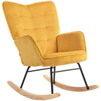 Fauteuil à bascule Ylva jaune en velours côtelé avec patins en bois sur fond blanc