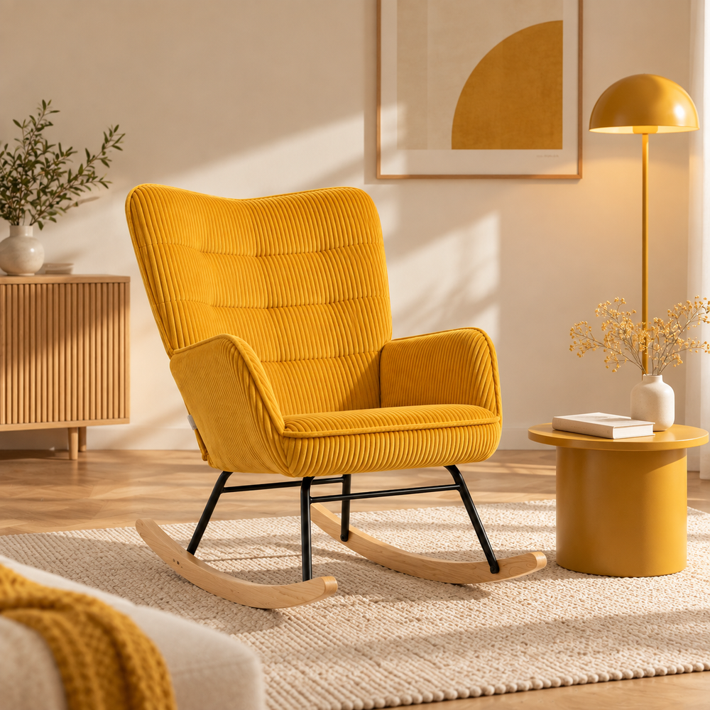 Fauteuil à bascule jaune Ylva installé dans un salon contemporain