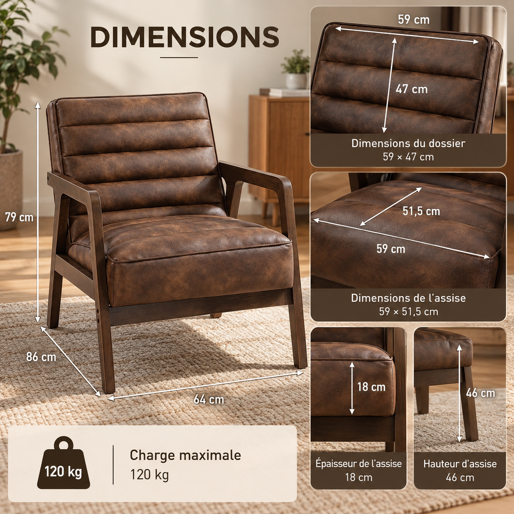 Dimensions du fauteuil Eldren 64 × 86 × 79 cm