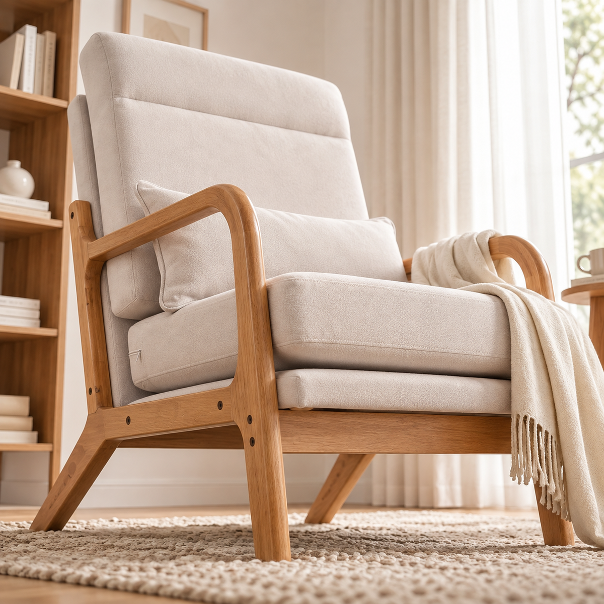 Fauteuil Elyna dans un coin détente lumineux et chaleureux