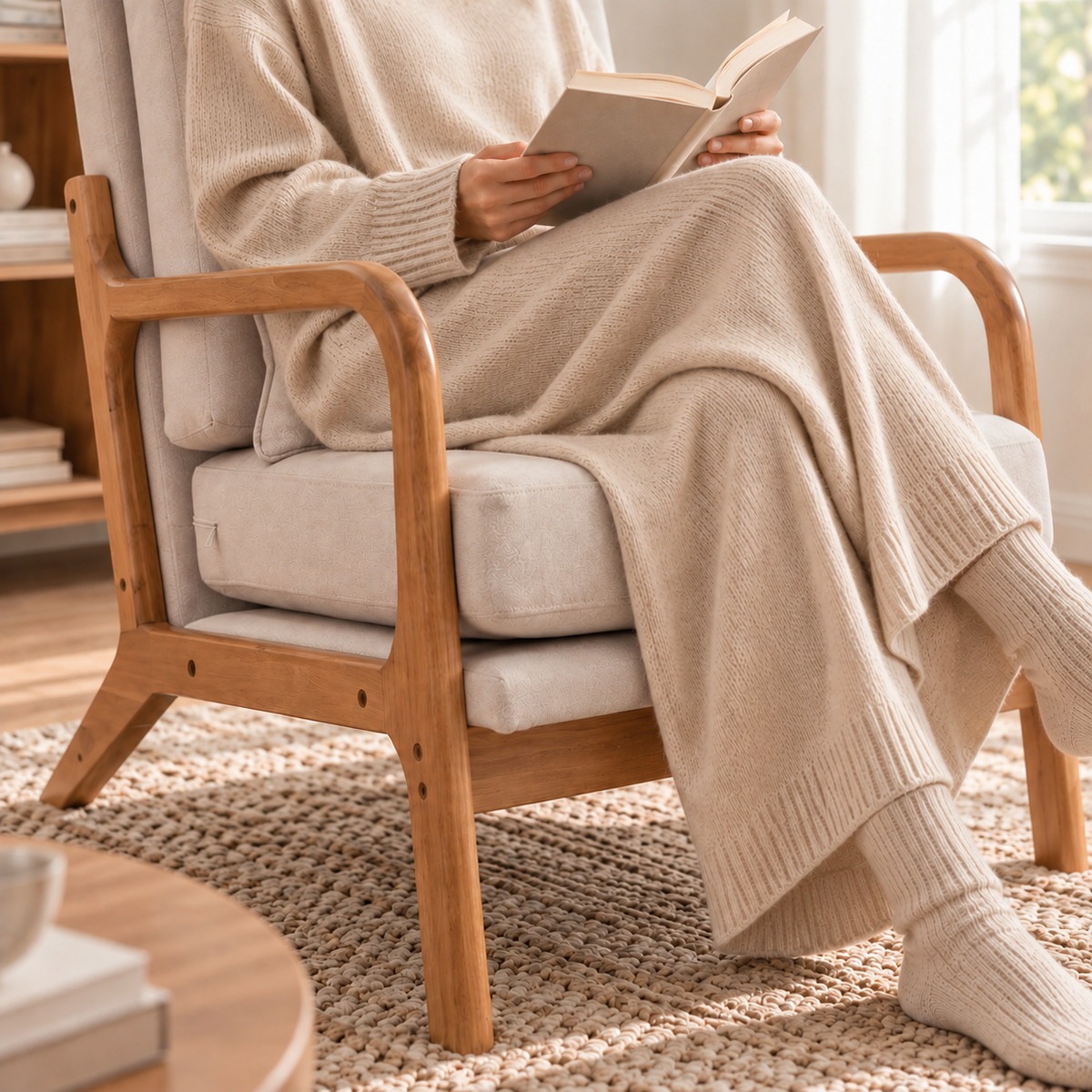 Personne installée confortablement dans le fauteuil Elyna