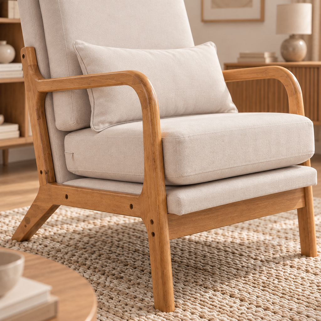 Fauteuil Elyna crème installé dans un salon lumineux