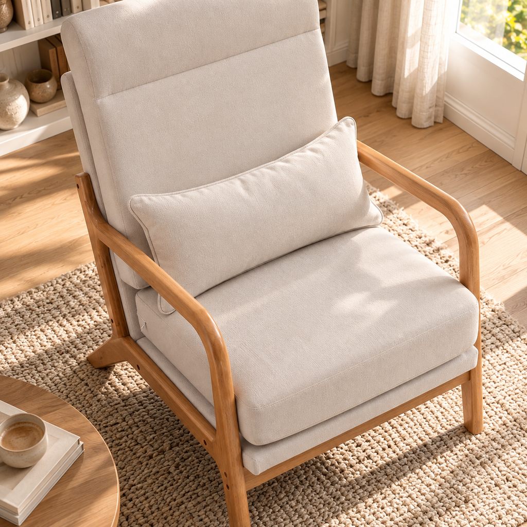 Fauteuil de lecture Elyna crème dans un coin détente chaleureux