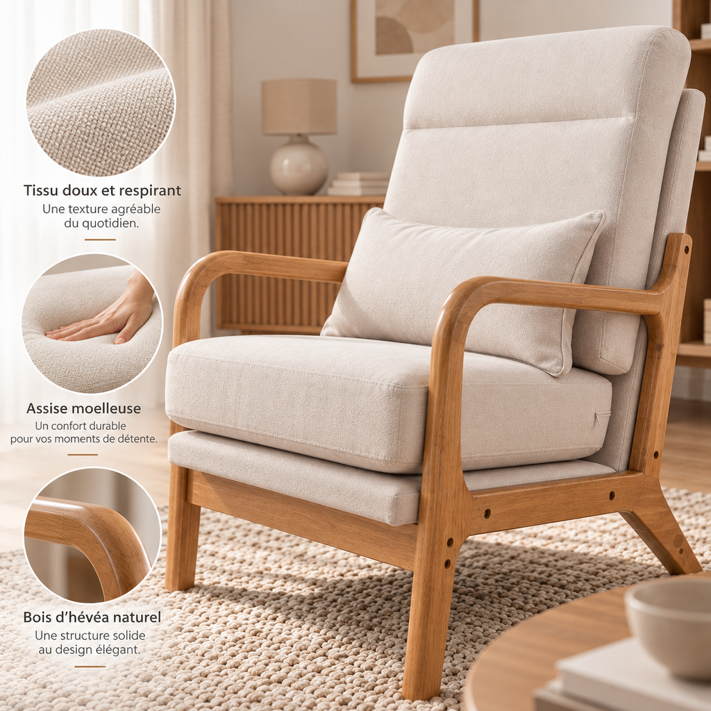 Fauteuil de lecture Elyna crème détails dans un coin détente chaleureux 